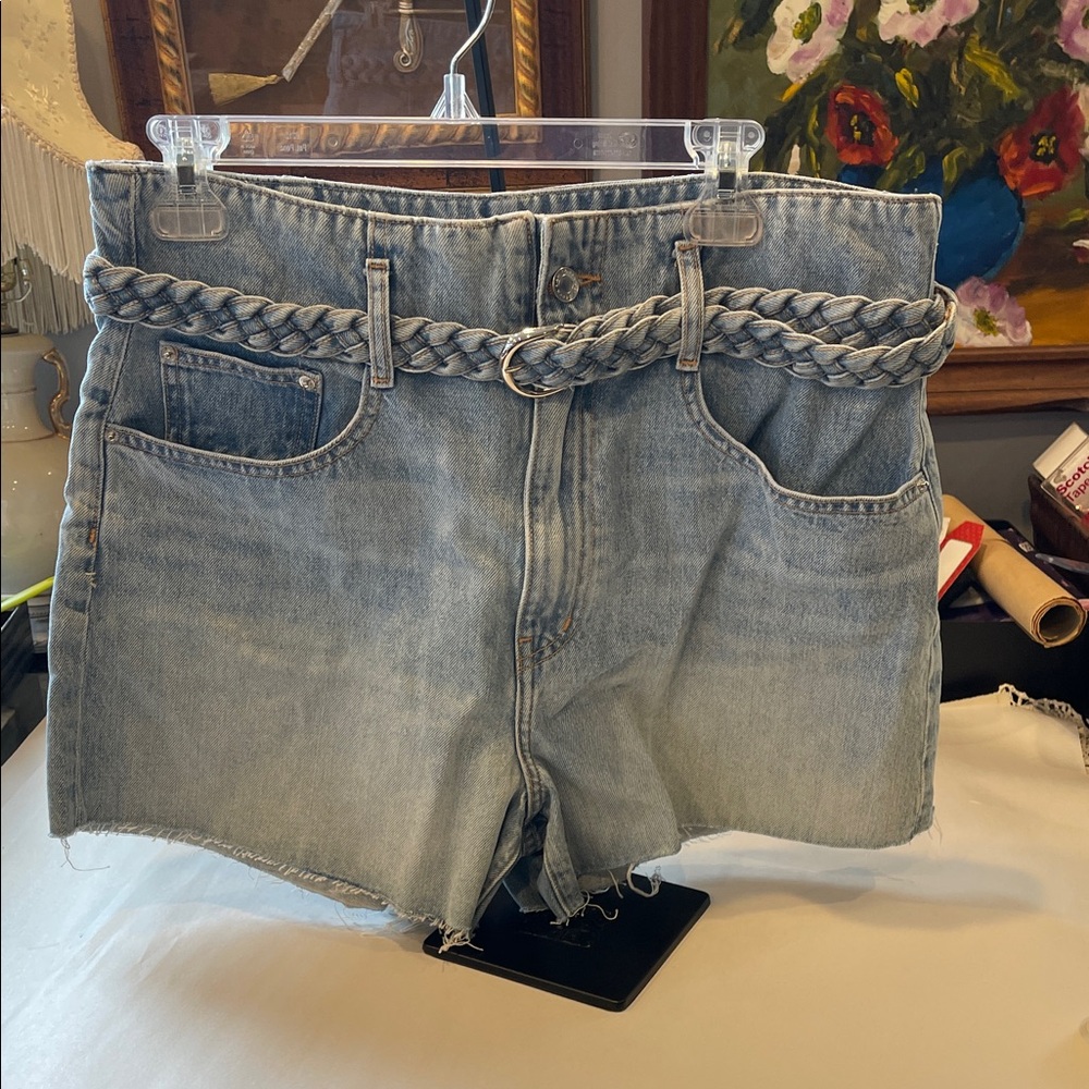 Derek Lam Light Blue Washed Denim Shorts w/ High Waist Braided Belt NWT Size 32